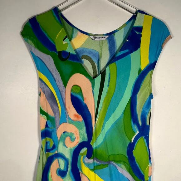 Jams World Velzly Land Abstract Print Shift Dress M Pullover V-Neck Green Multi - Picture 3 of 6